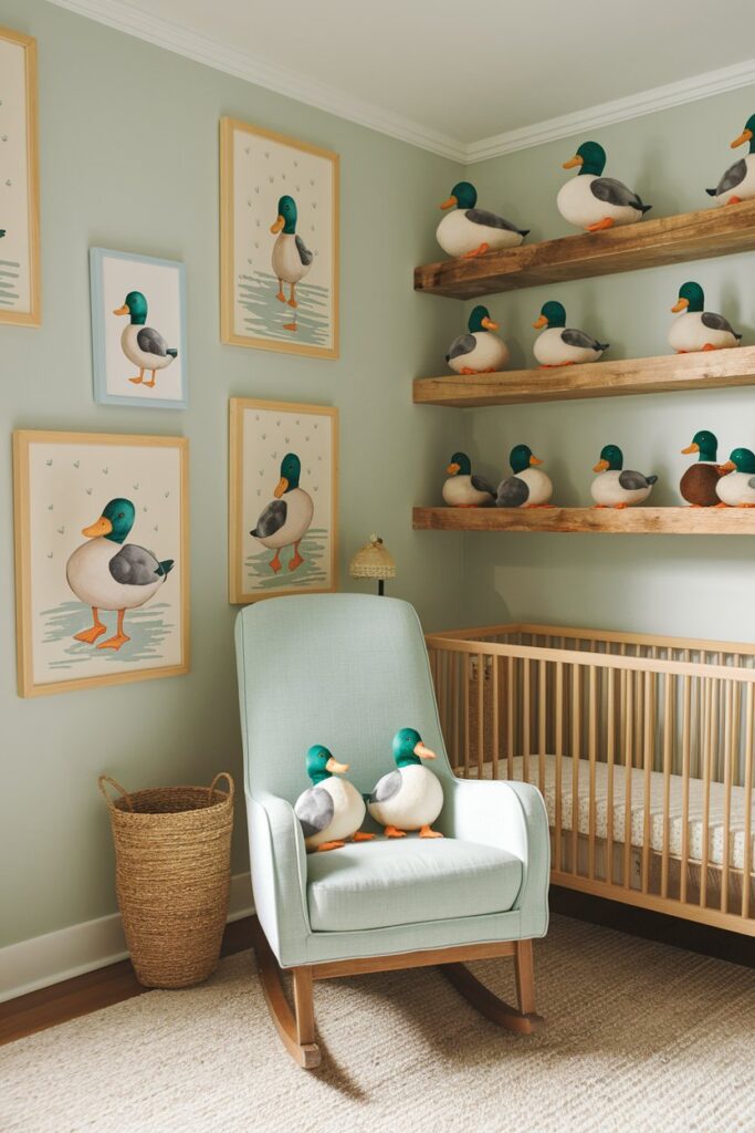 A cozy baby boy nursery with Mallard duck theme, featuring soft blue and green colors, a cute duck mobile, and duck-patterned bedding