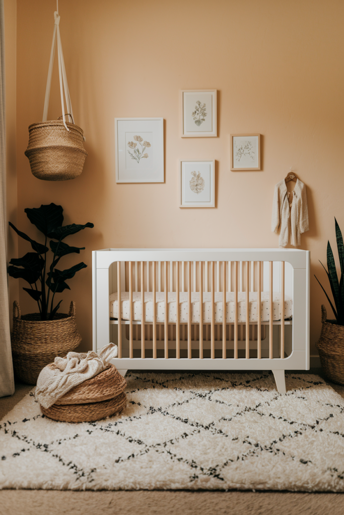 A cozy nursery with a soft blue color scheme, a rocking chair, and a crib adorned with cute animal-themed bedding. A shelf displays books and toys, while a mobile hangs above the crib