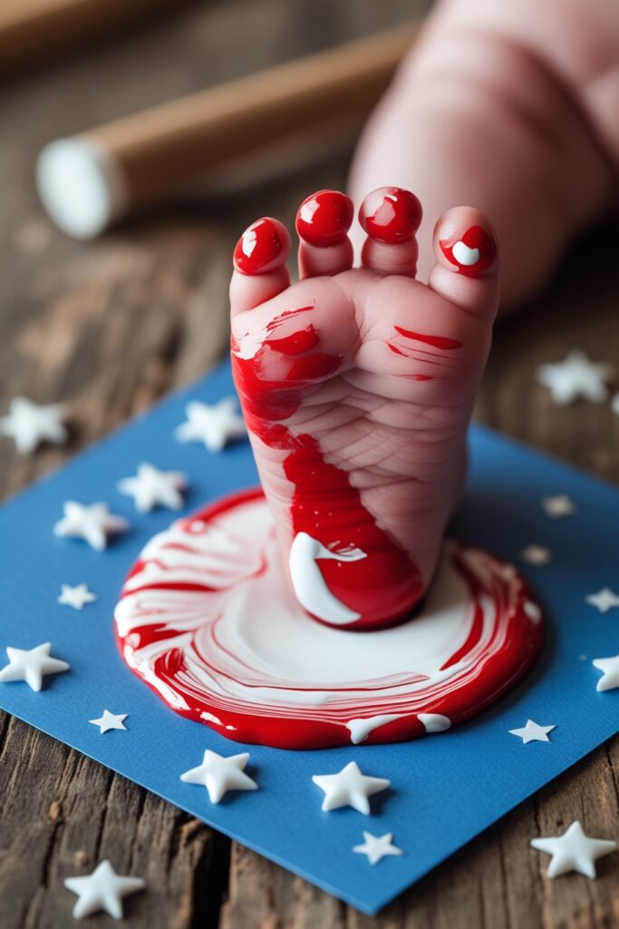 Adorable baby foot dipped in red and white paint, pressed onto blue construction paper with tiny white star stickers scattered around. Close-up, soft lighting, rustic wooden table in the background.