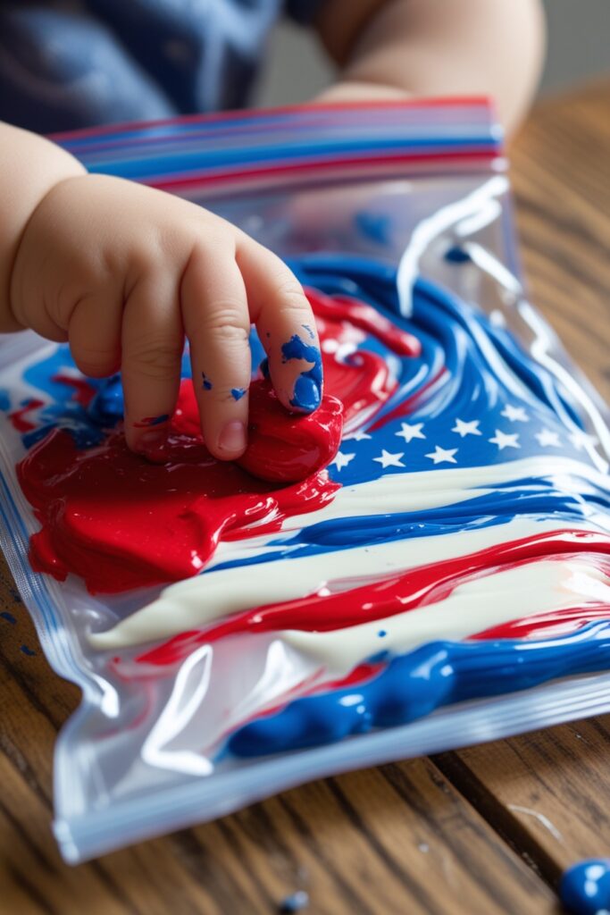 Close-up of a toddler’s tiny fingers squishing paint inside a sealed Ziploc bag on a wooden table. Red, white, and blue swirls blending together, with a half-finished American flag design visible. Style: Candid, slightly blurred edges for a playful feel.