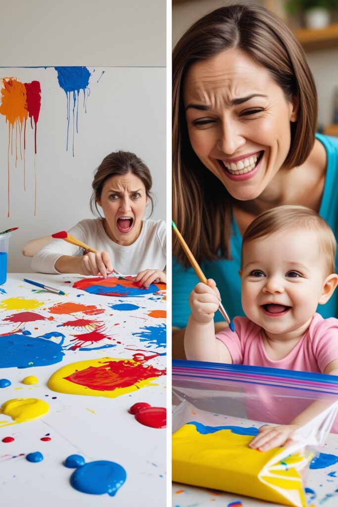 Split image: Left side shows a chaotic craft table with spilled paint and a frustrated mom (comically exaggerated). Right side shows a smiling mom and baby happily finger painting inside a Ziploc bag, zero mess. Style: Lighthearted, cartoonish, with bold colors.