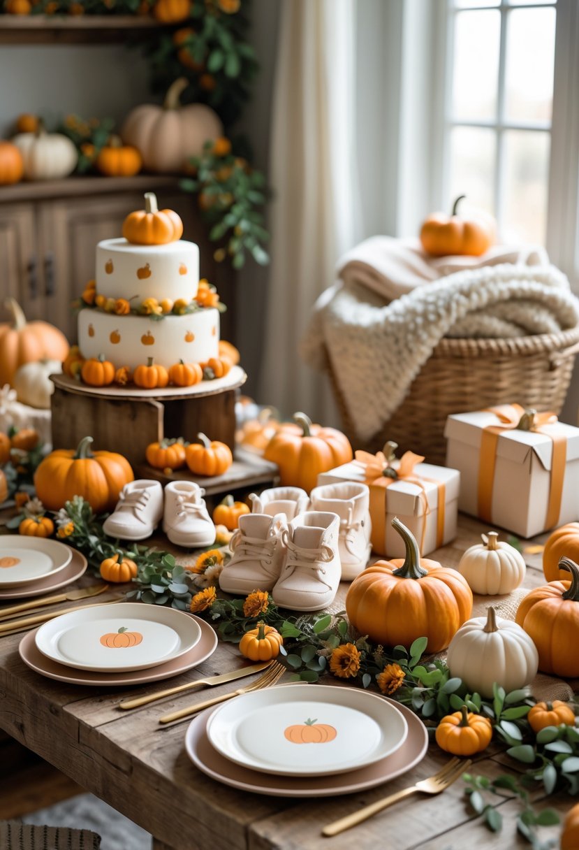 A decorated table with pumpkins, flowers, baby shower cake, gifts, and baby items arranged for a pumpkin-themed baby shower.