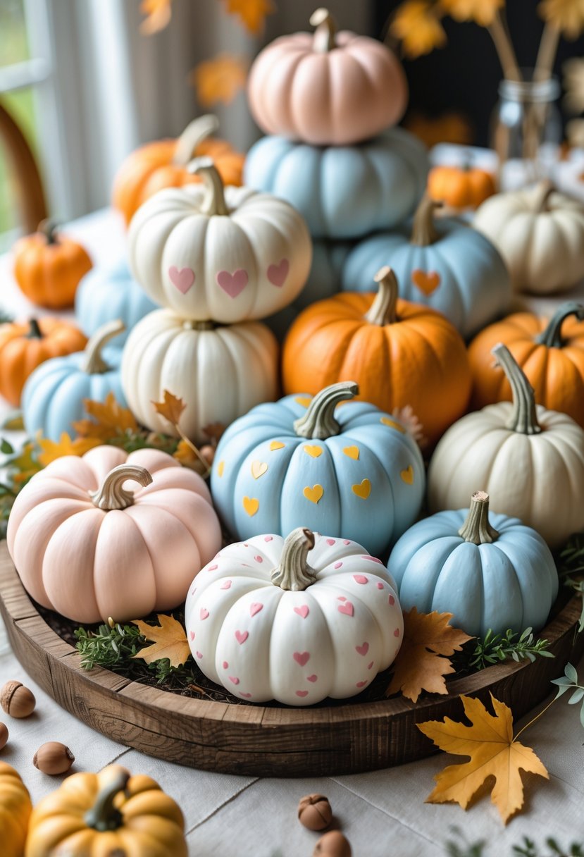 A centerpiece featuring a wooden tray filled with mini painted pumpkins in pastel colors, surrounded by autumn leaves and greenery.