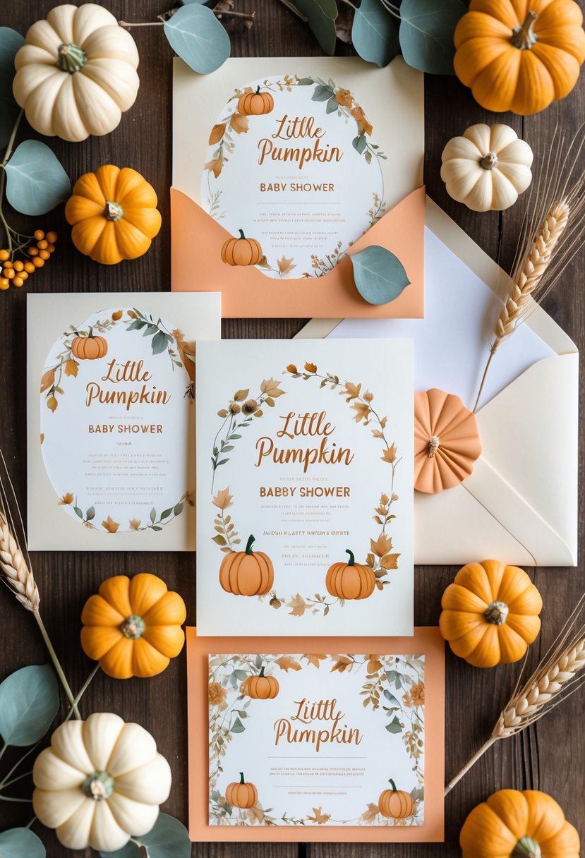 A flat lay of baby shower invitations with small pumpkin illustrations surrounded by tiny pumpkins, dried wheat, and eucalyptus on a wooden table.