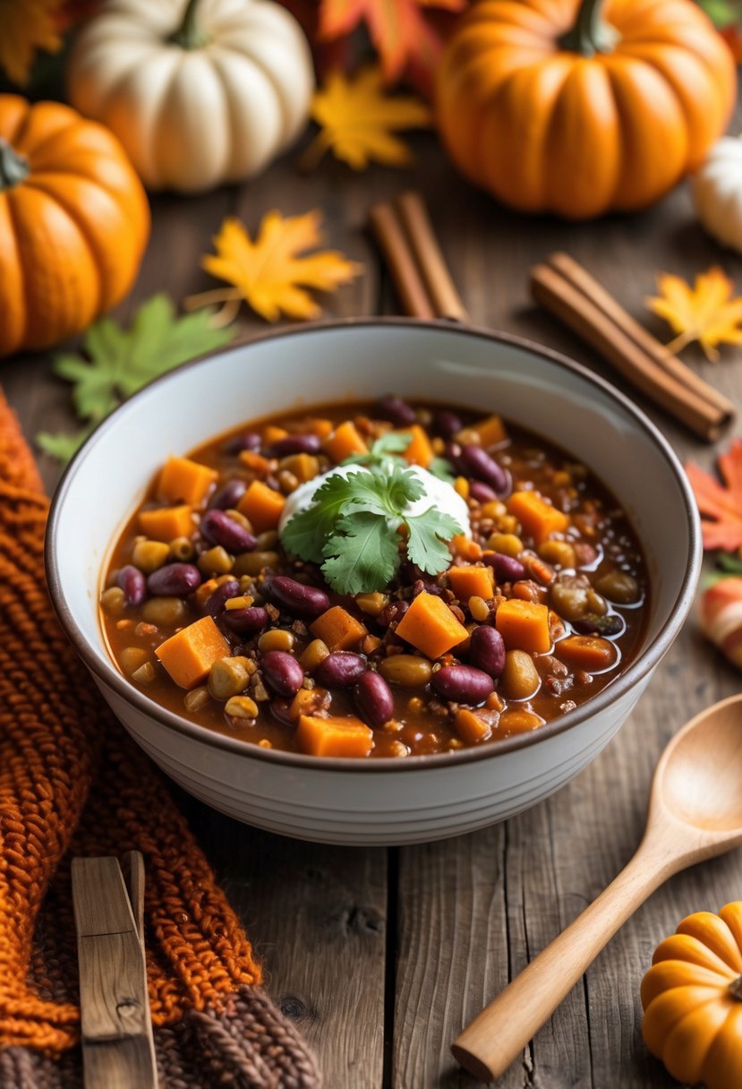A bowl of pumpkin chili on a wooden table surrounded by small pumpkins, fall leaves, and baby shower decorations.