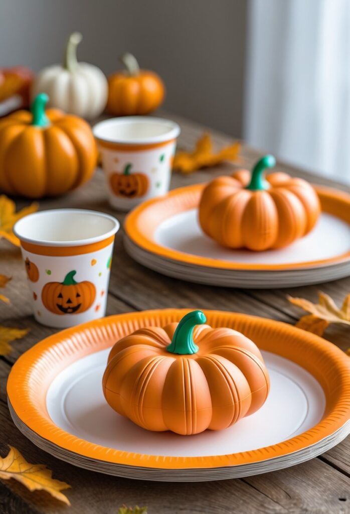 Disposable pumpkin-shaped plates and matching cups arranged on a wooden table with autumn decorations.