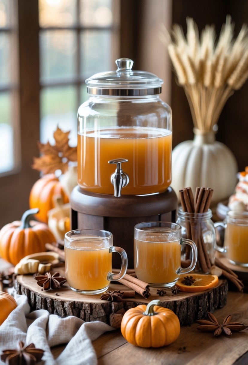 A hot apple cider station decorated with pumpkins, cinnamon sticks, and autumn-themed items on a wooden table.