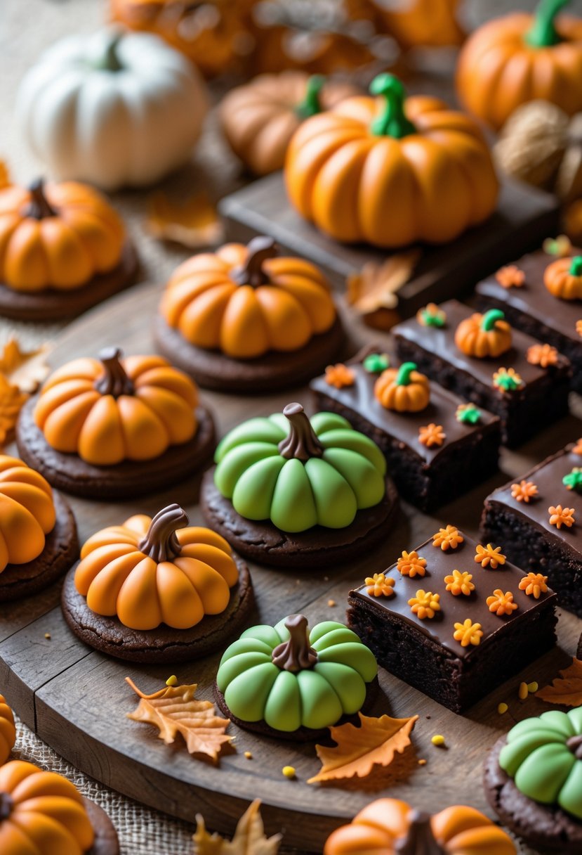 An assortment of pumpkin-shaped cookies and brownies arranged on a wooden table with small pumpkins and autumn leaves around them.