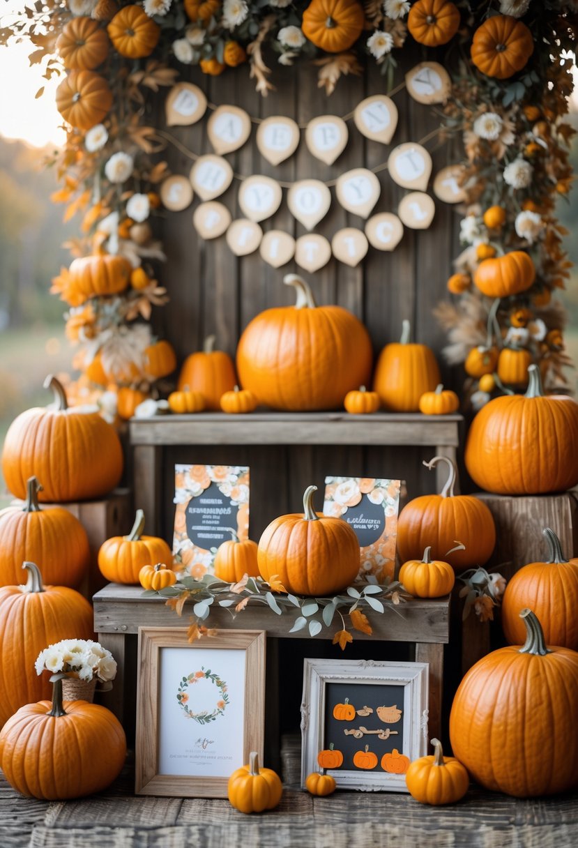 A decorated baby shower area with pumpkins, a festive banner, and a photo booth setup with themed props.