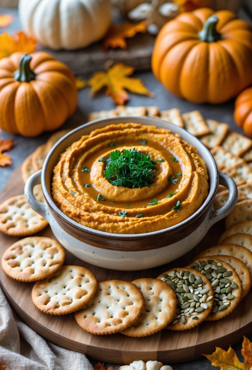 A bowl of pumpkin dip surrounded by seasonal crackers on a wooden board with autumn decorations.