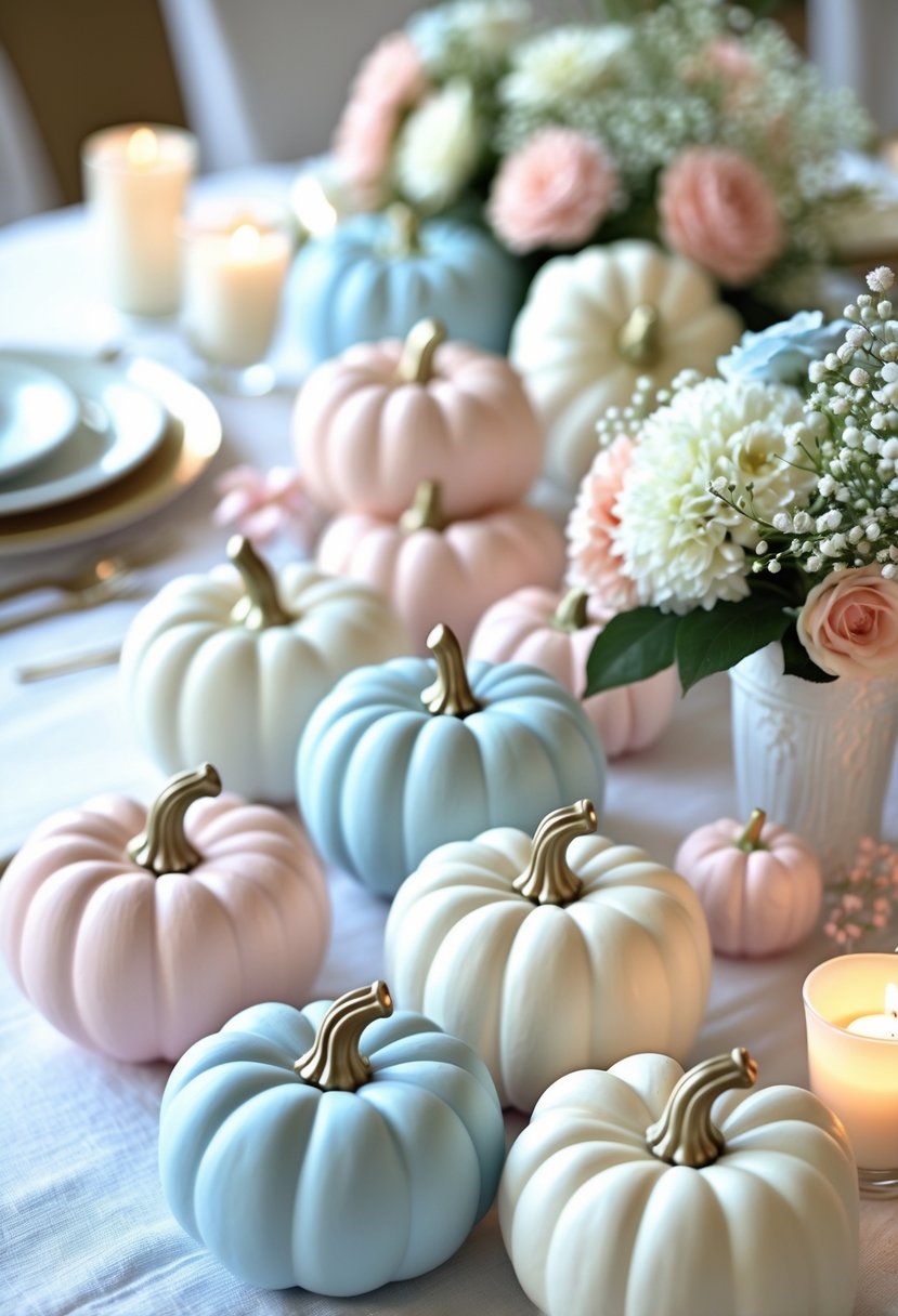 A table decorated with pastel-colored mini pumpkins and flowers for a baby shower.