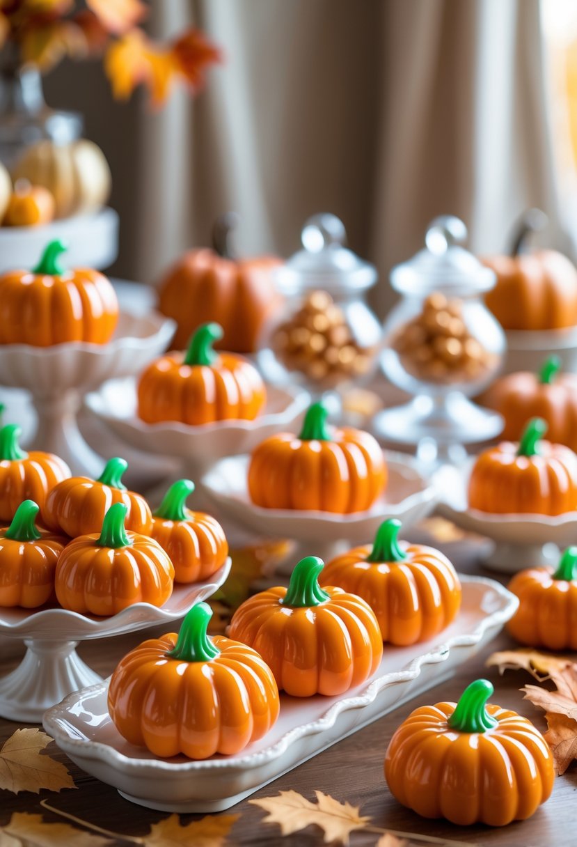 A table with pumpkin-shaped candies arranged on dishes and jars, decorated with fall-themed elements for a baby shower.
