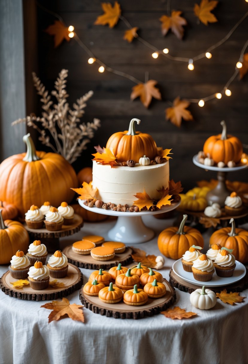A dessert table decorated with pumpkin-themed treats and autumn decorations for a baby shower.
