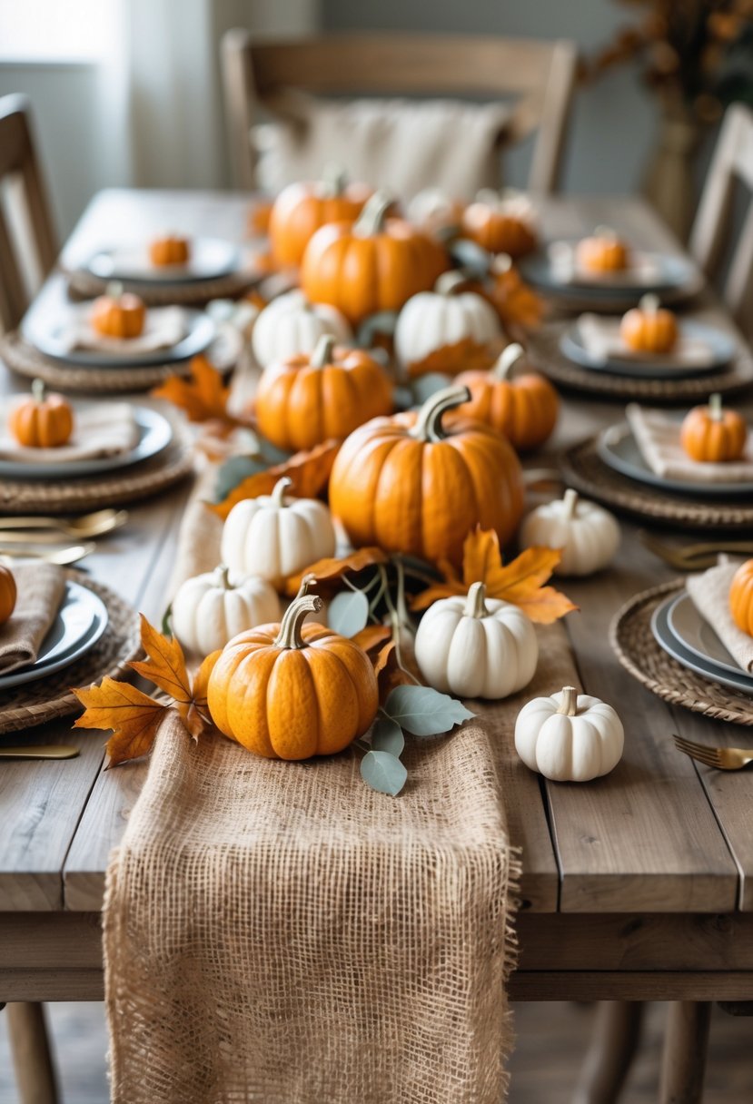 A wooden table covered with a burlap tablecloth decorated with small pumpkins and autumn leaves for a baby shower.