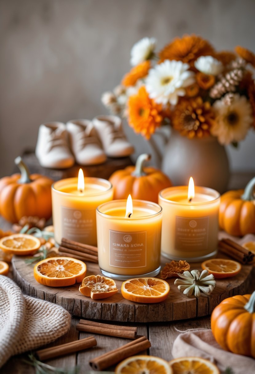 Lit pumpkin spice scented candles on a wooden table surrounded by small pumpkins, cinnamon sticks, dried orange slices, baby booties, and soft floral decorations.