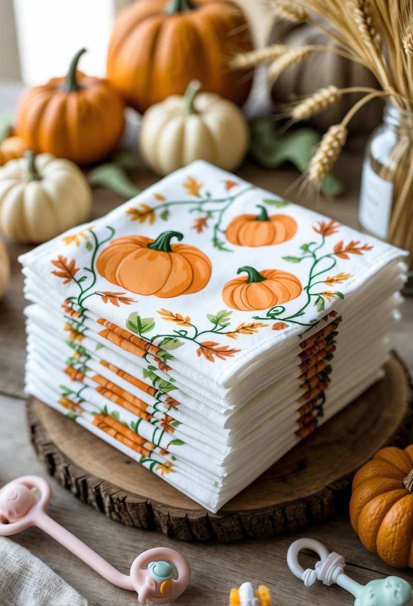 Stack of baby shower napkins with pumpkin-themed illustrations on a wooden table surrounded by small pumpkins and baby shower decorations.