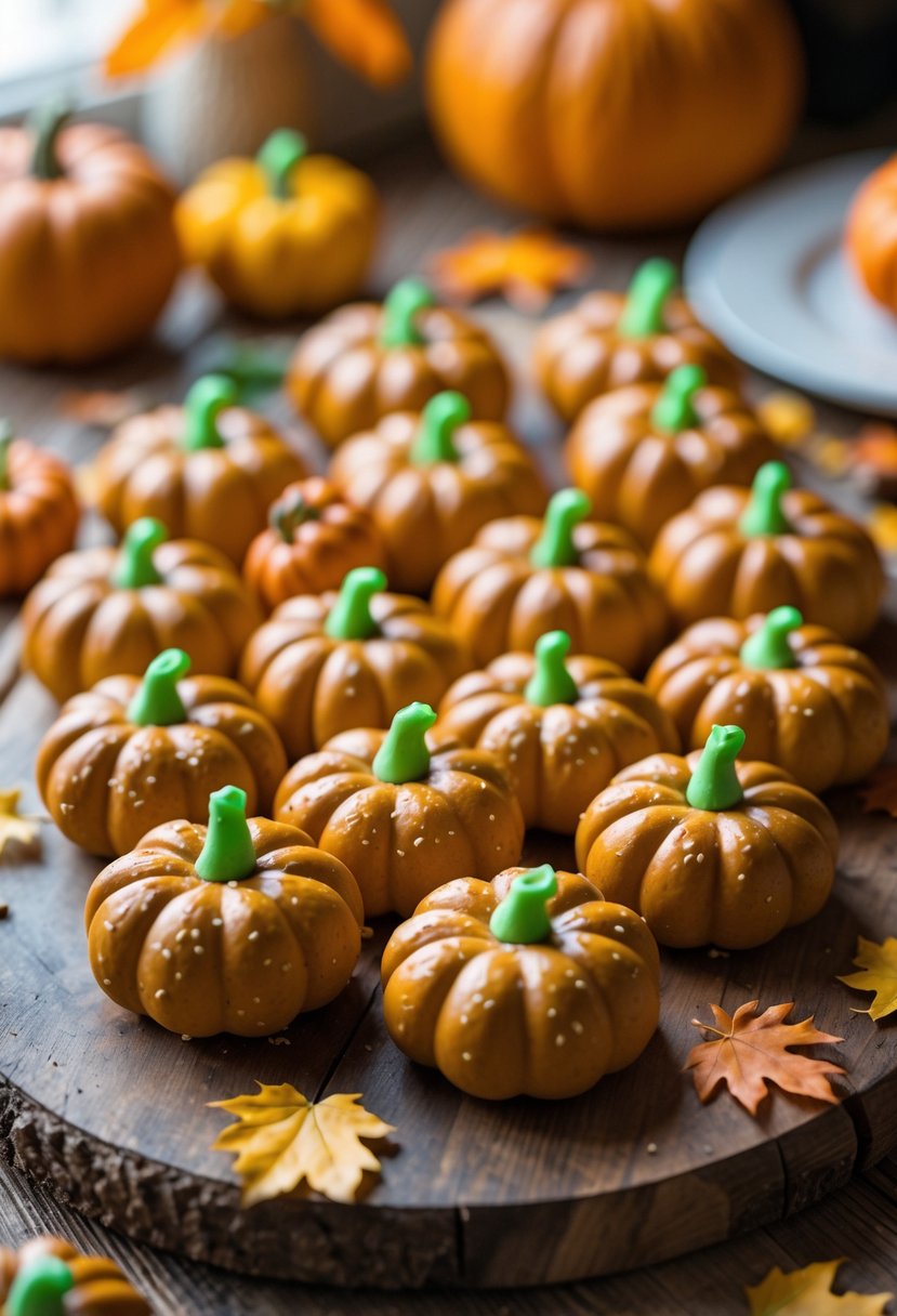 Close-up of pumpkin-shaped pretzels arranged on a wooden board with fall decorations in the background.