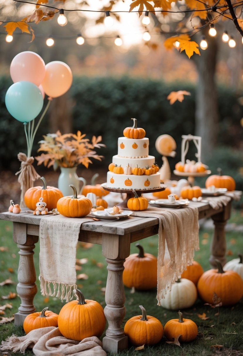 A decorated outdoor table with small pumpkins, autumn leaves, baby shower decorations, and a pumpkin-themed cake in a garden setting.