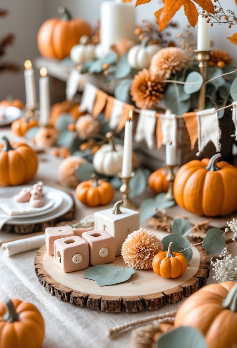 A decorated table with small pumpkins, dried flowers, eucalyptus leaves, and baby shower items in warm autumn colors.