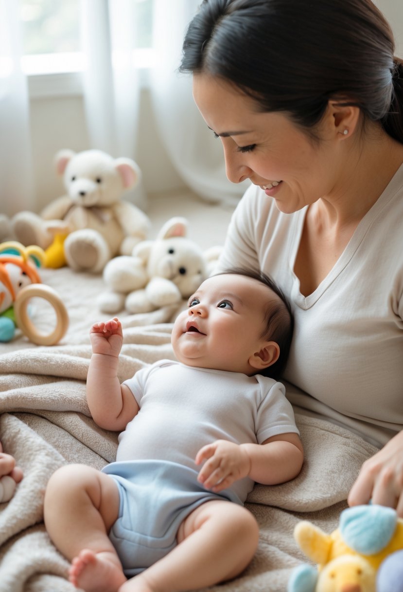 A parent and their infant lying face-to-face, making eye contact and smiling in a bright, cozy room.
