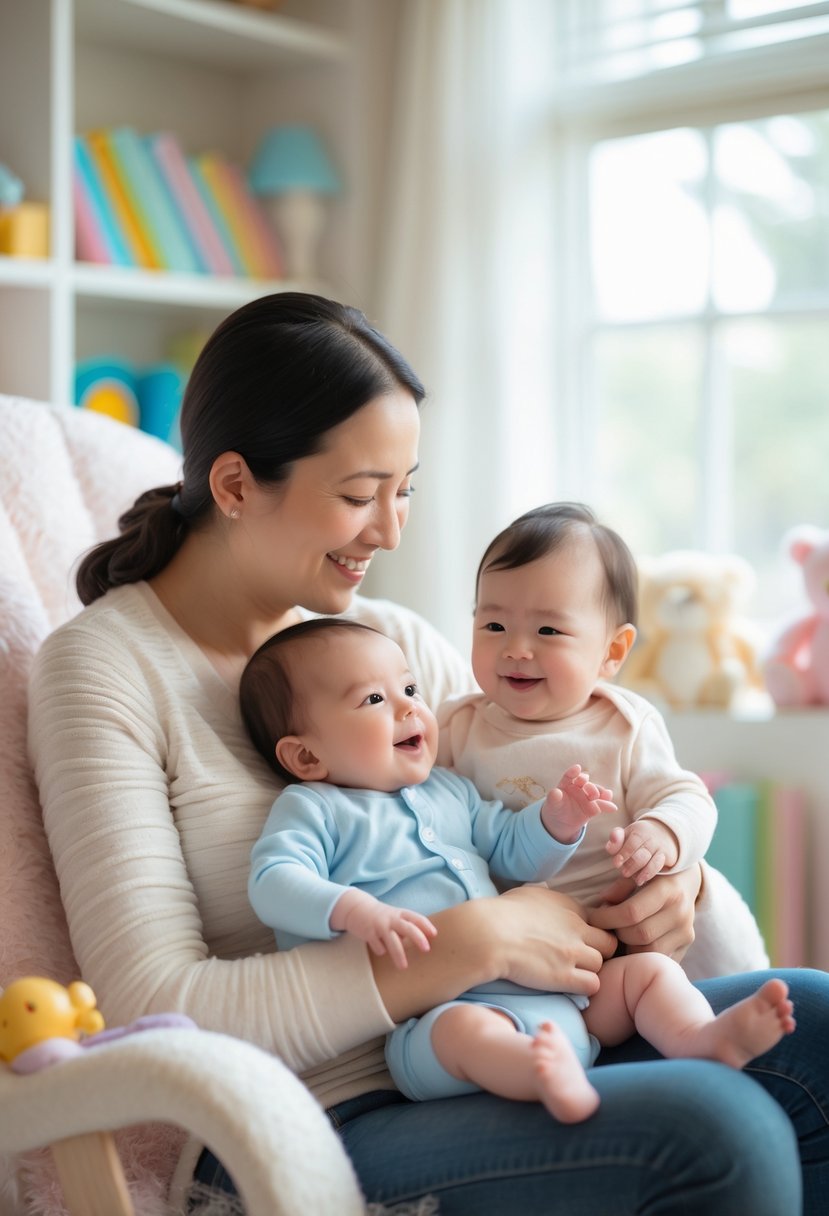 A parent holding an infant in a cozy nursery, singing nursery rhymes together and sharing a joyful moment.