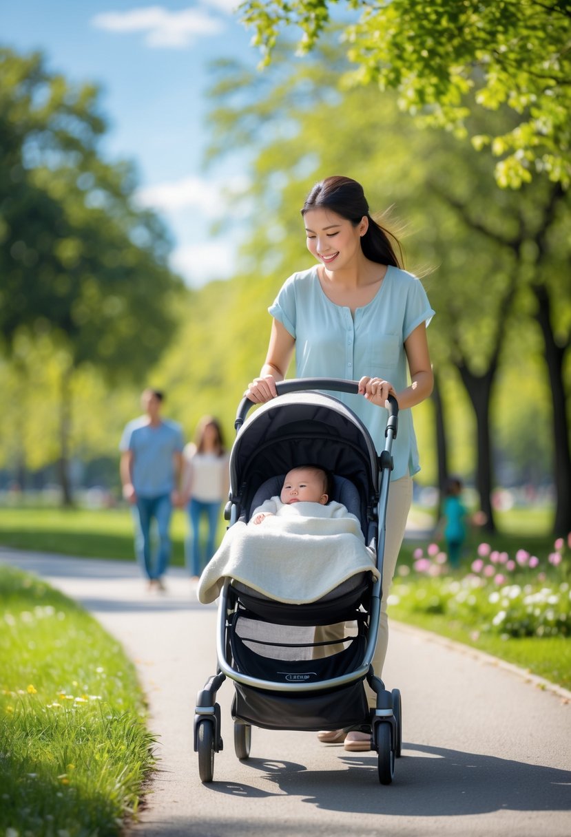 A parent pushing a stroller with an infant along a sunny park pathway surrounded by green trees and flowers.