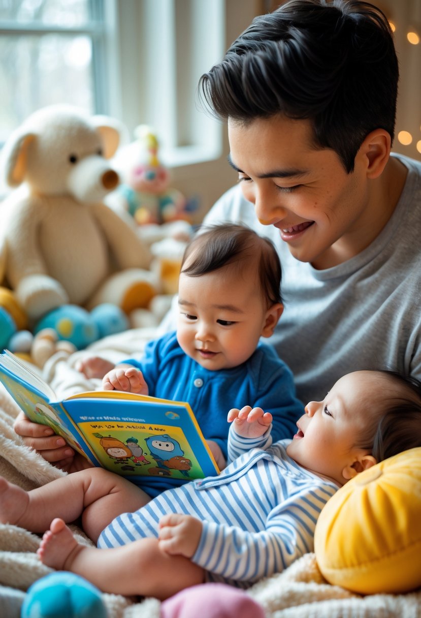 A parent reading a picture book aloud to an infant lying on a blanket in a cozy nursery.