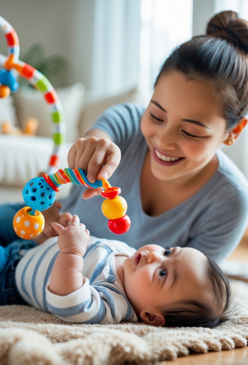 A parent holding a colorful rattle in front of an infant lying on a blanket, encouraging the baby to follow the rattle with their eyes.