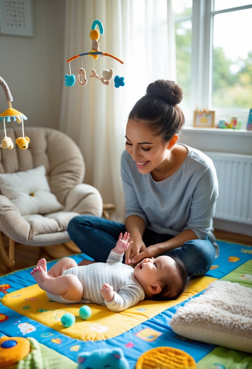 A parent smiling and talking to their baby lying on a play mat surrounded by toys in a bright nursery.