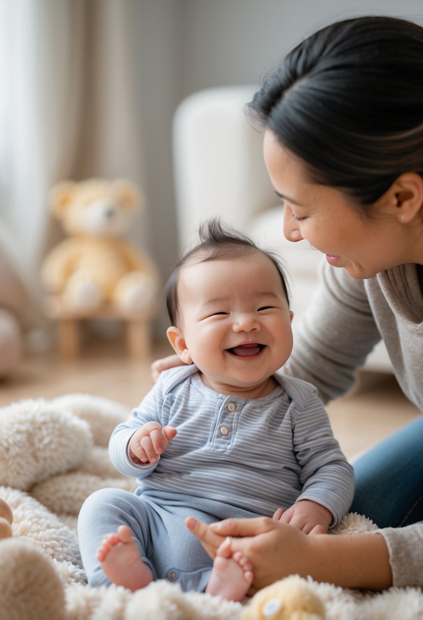 A smiling baby lying on a blanket while a parent blows raspberries on the baby's tummy, making the baby laugh.