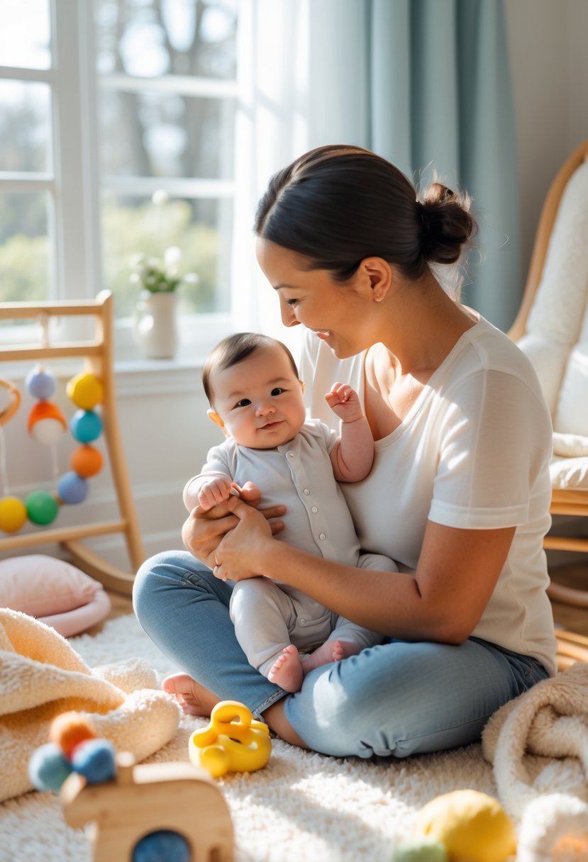 A parent holding and smiling at their infant in a bright nursery surrounded by soft blankets and toys.