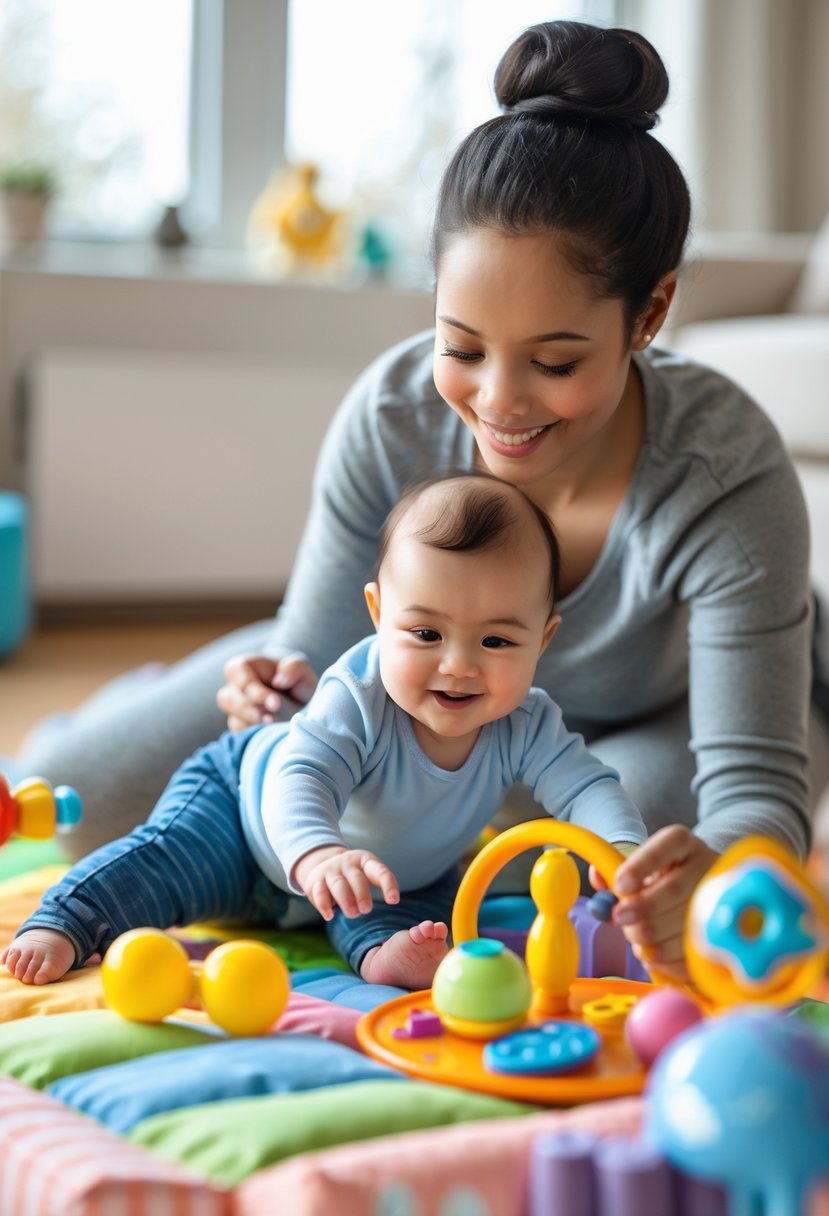 A parent engaging with a happy infant on a play mat, using toys and gentle movements to support the baby's sensory and motor development.