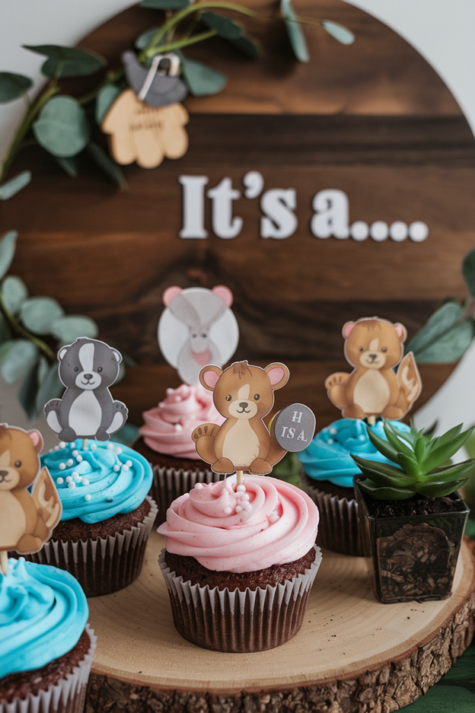Woodland-Themed Gender Reveal Cupcakes