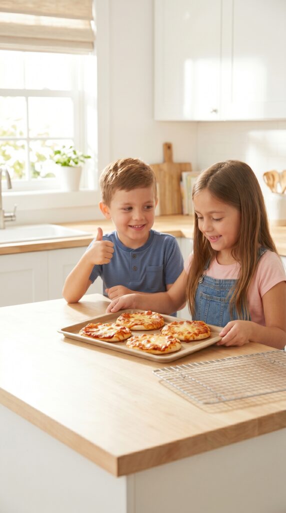 Two children sitting at a table, happily sharing a pizza together.