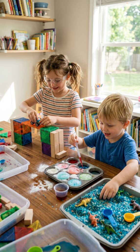 Two young children play at a table with colorful sensory activities, including building blocks, baking soda and vinegar science experiment, and a tray of blue sensory rice with toy dinosaurs.