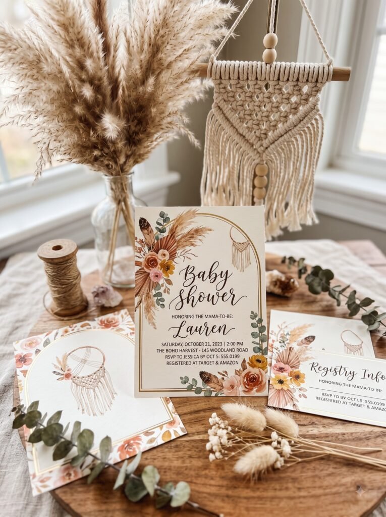 Bright Boho Invitations with Macrame and Pampas Grass