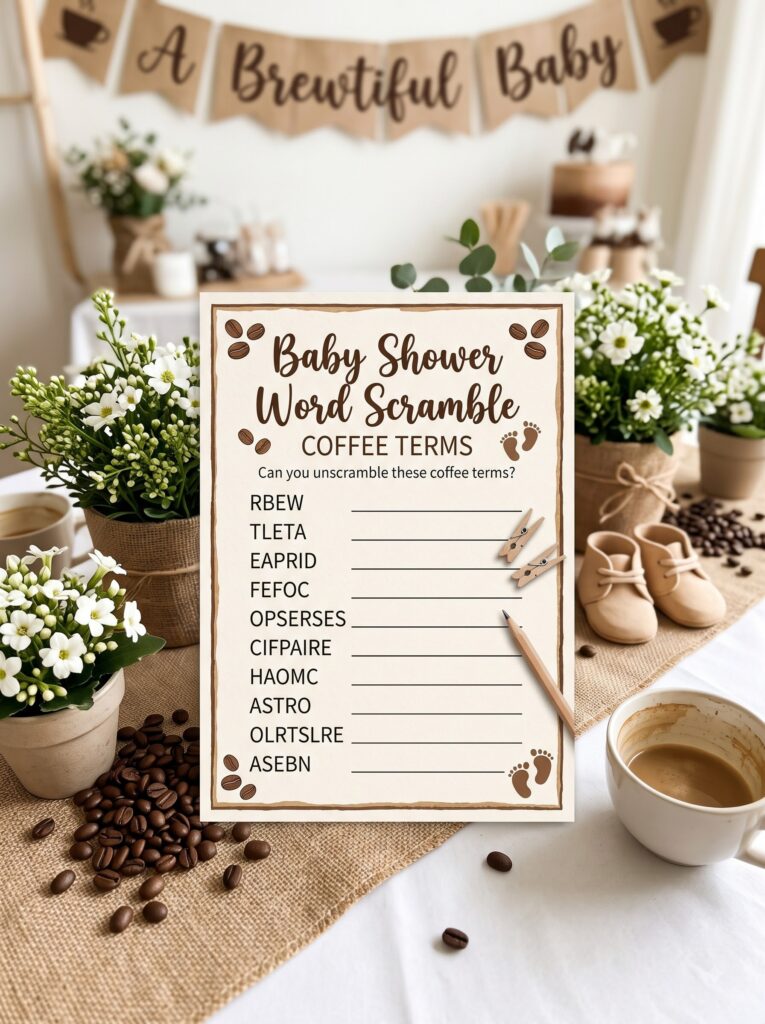 "Baby Shower Word Scramble" with Coffee Terms