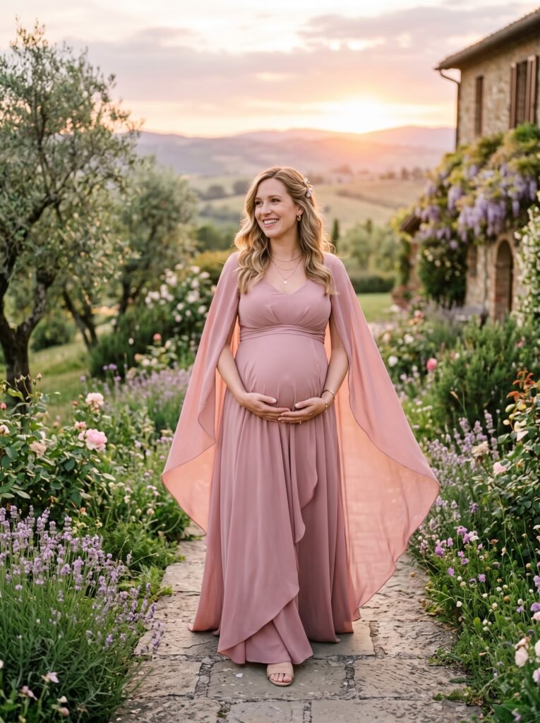 Cape-Sleeve Maternity Gown