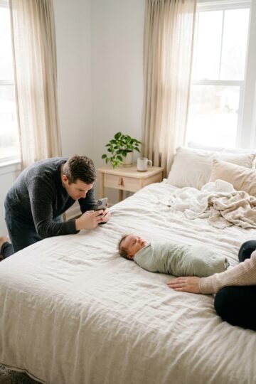 Parent kneeling beside a swaddled newborn lying on a bed near a sunlit window while a second adult rests a hand nearby