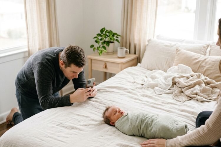Parent kneeling beside a swaddled newborn lying on a bed near a sunlit window while a second adult rests a hand nearby