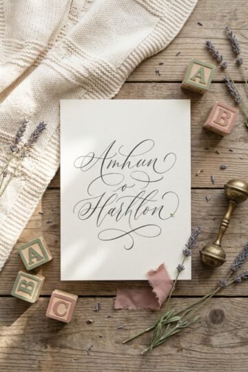 Cream card with handwritten baby names beside knit blanket, wooden letter blocks and dried flowers