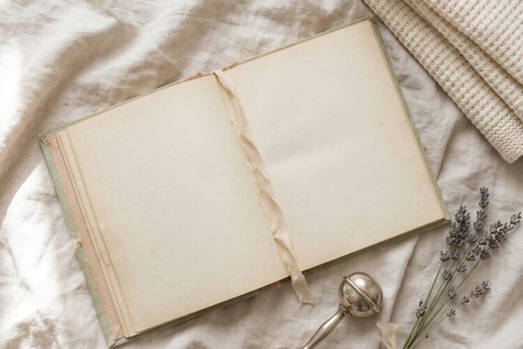 Open baby name book with blank pages beside a silver rattle, dried lavender and a folded cream blanket