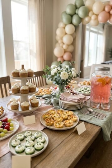 Baby shower food table with fruit skewers, mini quiches, cupcakes and sparkling mocktails