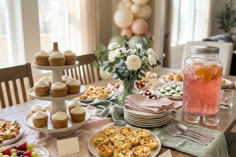 Baby shower food table with fruit skewers, mini quiches, cupcakes and sparkling mocktails
