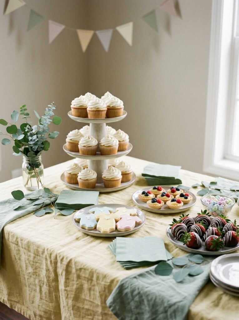 Dessert table with cupcakes, sugar cookies, fruit tarts and chocolate dipped strawberries