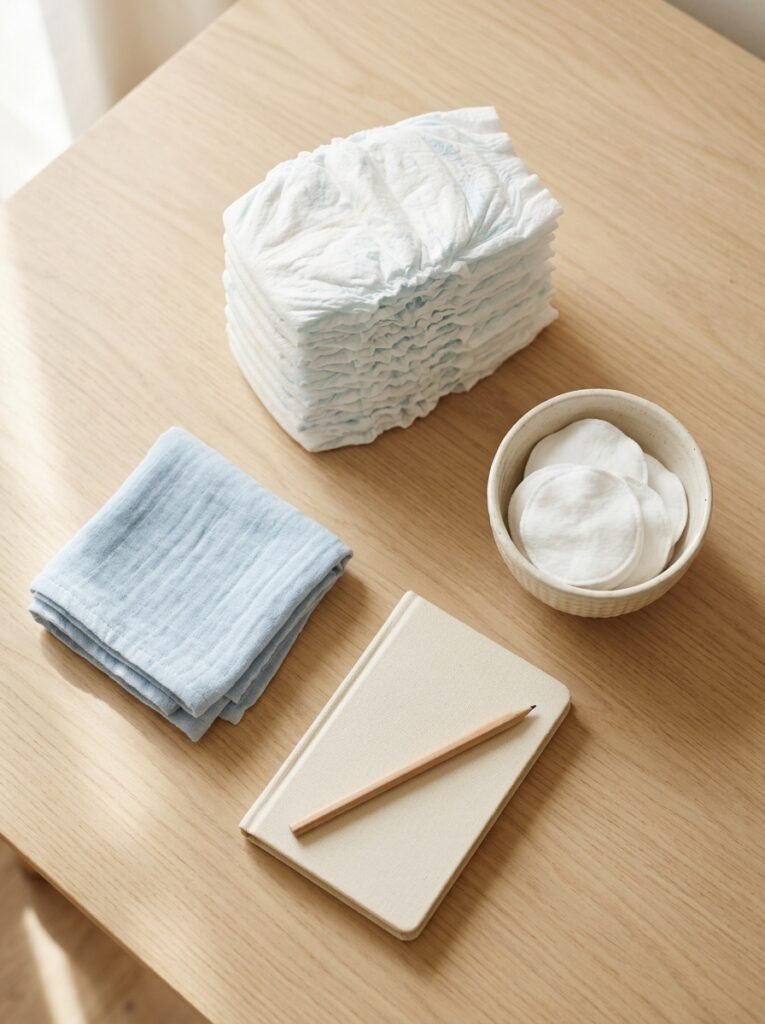 Neatly arranged diapers, cotton rounds and a small notebook on a wooden changing table