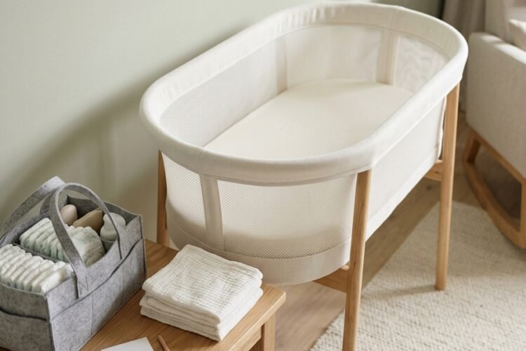Empty white bassinet with a fitted sheet beside a diaper caddy and folded muslin cloths in soft daylight