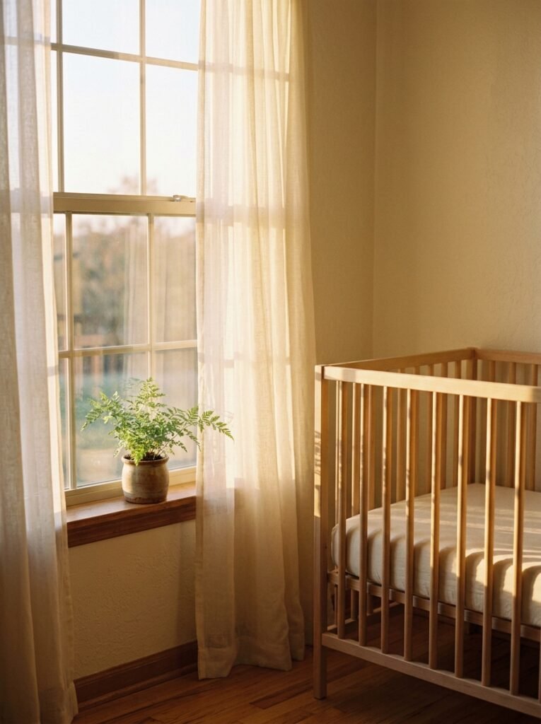 Sunlit nursery window with sheer curtains, a wooden crib edge and a small potted plant