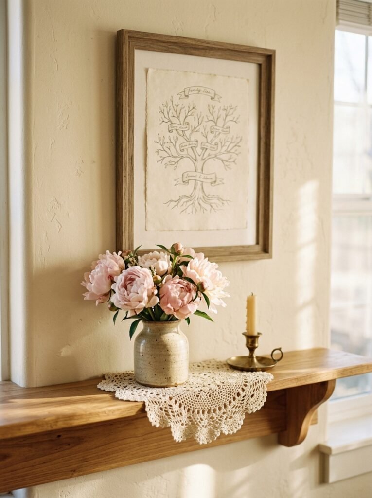 Framed family tree with handwritten names beside a vase of pink flowers on a wooden shelf