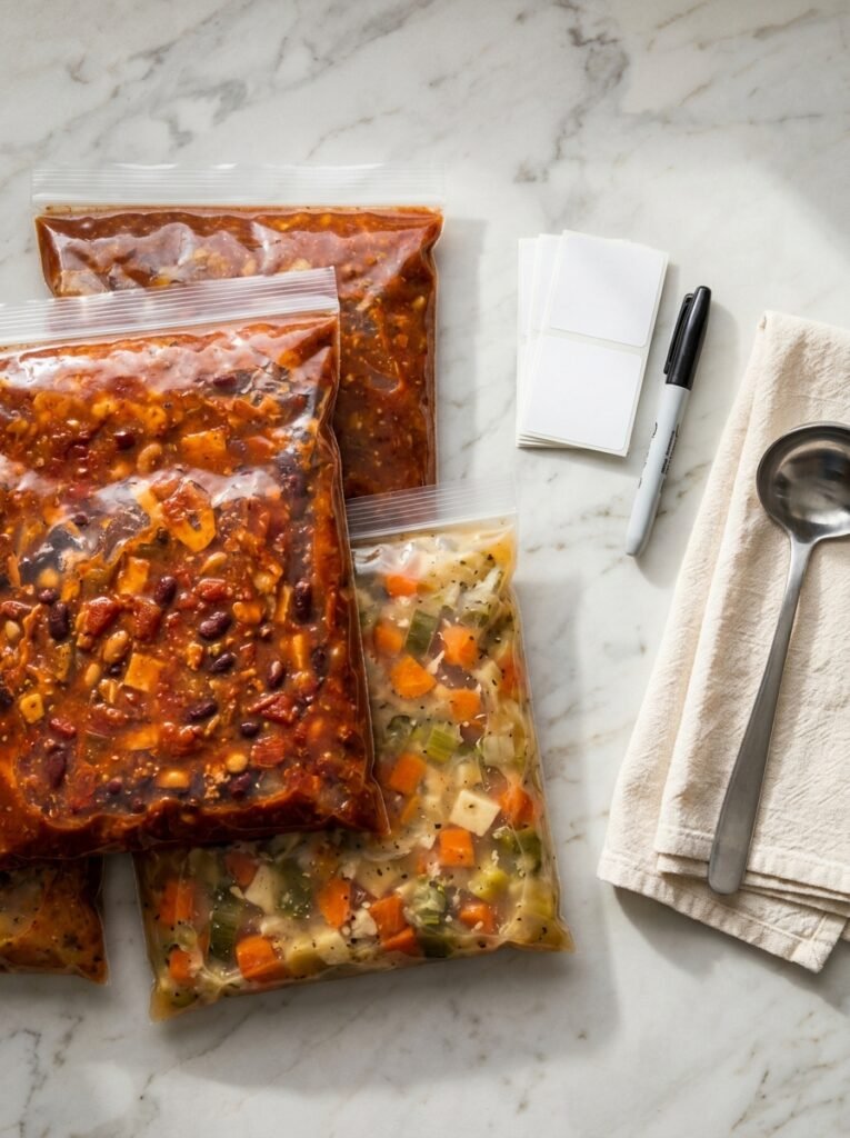 Flat freezer bags of soup and chili stacked on a kitchen counter next to a marker and blank labels